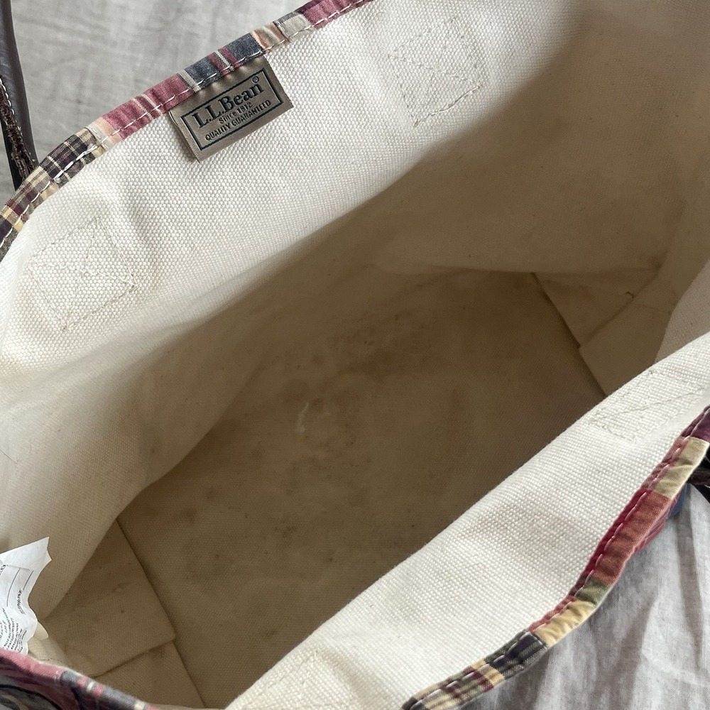 Vintage L.L. Bean Plaid Patchwork Leather Handle Tote Canvas - Picture 5 of 9